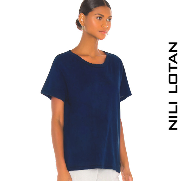 Nili Lotan 100% Linen Oversized Navy Blue Short Sleeve T-Shirt Sweater X-Small - Picture 1 of 15